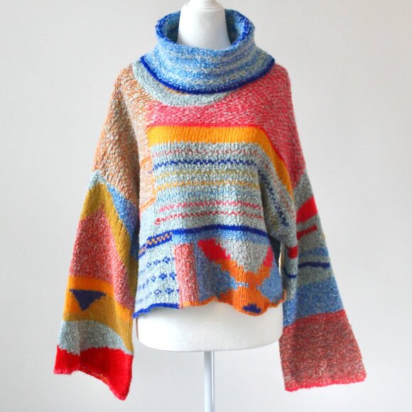 Sincerly Jules Sweaters - Sincerely Jules Rainbow Sharlene Cropped Bell-Sleeve Turtleneck Sweater Medium